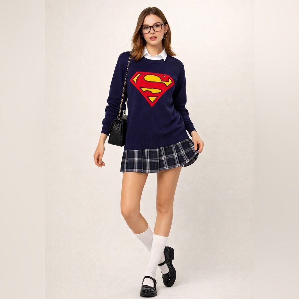 Superman Knit Sweater | DC Comics‎ Logo Pullover | Navy Blue Graphic Sweater L